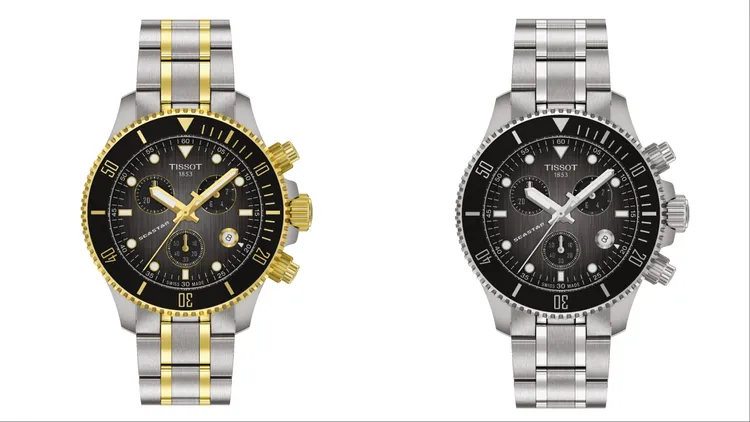 天梭Seastar海星系列石英計時腕錶38mm PVD金（左）1萬9300元、Seastar海星系列石英計時腕錶38mm精鋼款（右）1萬7900元。品牌提供