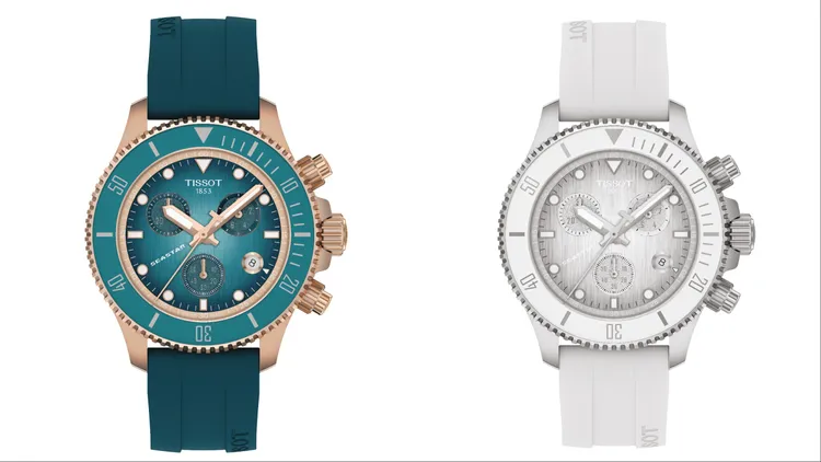 天梭Seastar海星系列石英計時腕錶38mm綠松石（左）1萬8400元、Seastar海星系列石英計時腕錶38mm銀絲白（右）1萬6900元。品牌提供