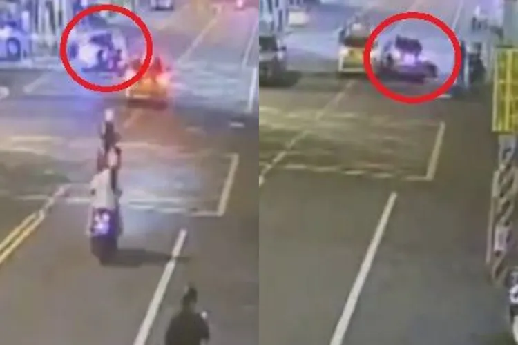 邱男路口迴轉後先衝撞搭載人妻欲左轉的機車(左)，未料沒多久後竟又折返二度衝撞與輾過倒地的機車（右），十分可惡。翻攝畫面