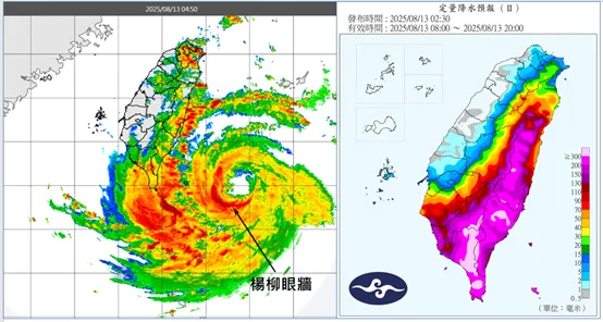 雷達回波圖顯示，楊柳已有颱風眼，眼牆附近伴隨16級以上「毀壞性」的強陣風(左圖)。氣象署發布的「定量降雨預報」顯示，今東半部及南部皆應慎防致災雨(右圖)。