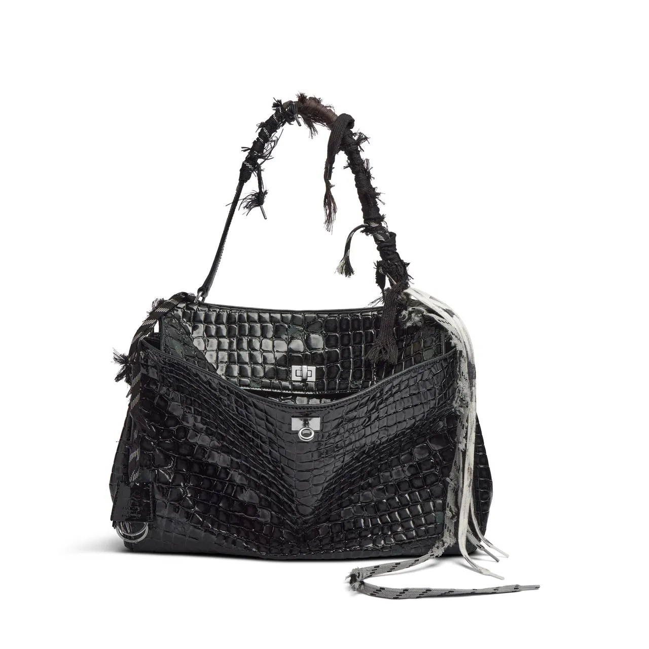 BALENCIAGA Rodeo
Handbag Large大型黑色鱷
魚壓紋雙口肩背手提包。品牌提供