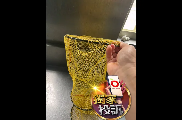 侯男拿到的網子底部有破洞（拍攝時網子為倒著拿），導致釣到的蝦子全流光。讀者提供