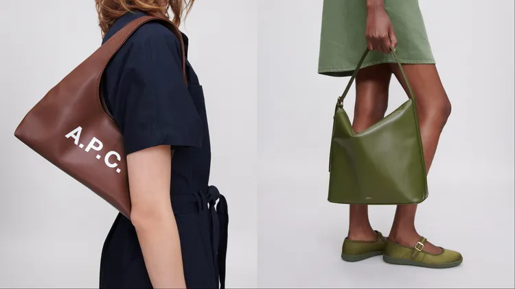 A.P.C. BABY NINON榛果咖肩背包（左）8800元、VERA墨綠大HOBO包（右）2萬5800元。品牌提供