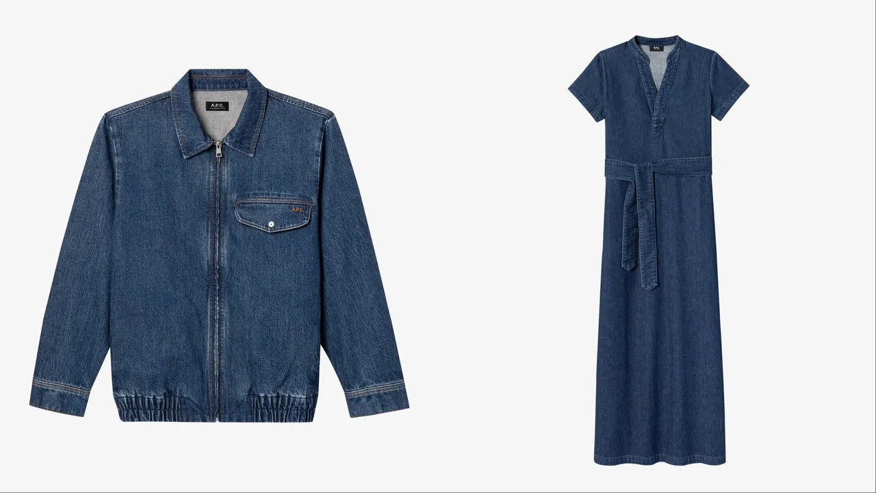 A.P.C.FABRIZIO蓝有机丹宁拉链夹克(左)1万6300元、ANNELIE蓝有机丹宁短袖V领长洋装(右)1万4800元。品牌提供