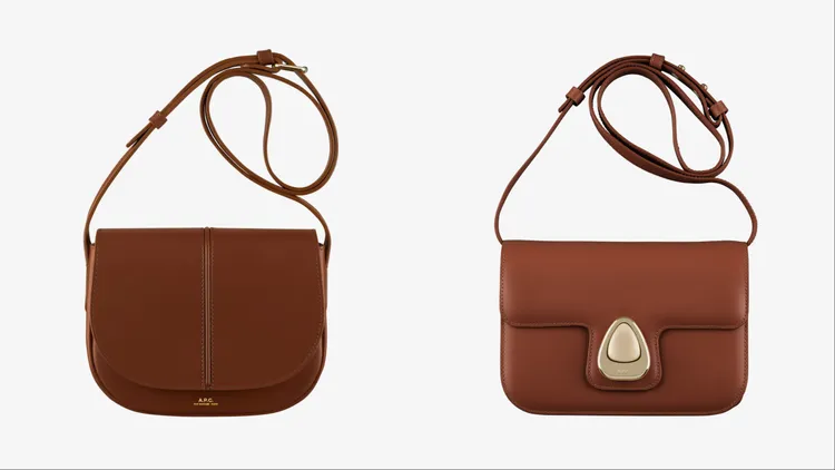 A.P.C. 榛果咖BETTY馬鞍包（左）2萬1100元、榛果咖ASTRA水滴金釦方包（右）3萬4800元。品牌提供