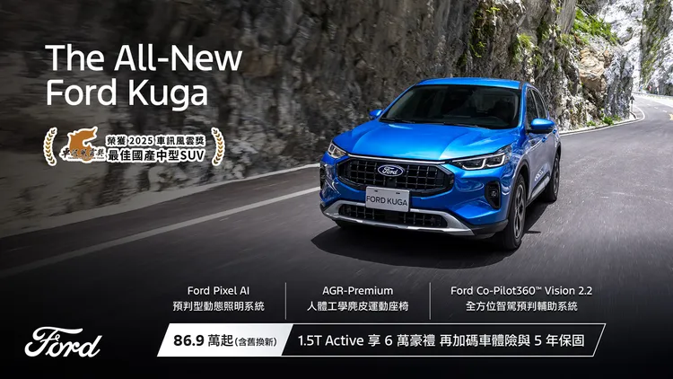 Ford Kuga1.5T車型舊換新優惠價自86.9萬元起，Active車型再加贈丙式車體險與總值6萬元配件禮遇。業者提供