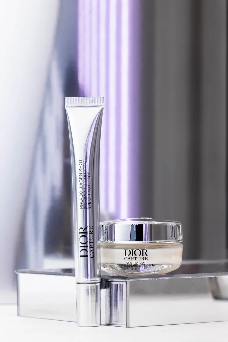 Dior逆時活氧亮眼膠原筆（左）15ml／3150元、逆時活氧眼霜（右）15ml／3150元。品牌提供