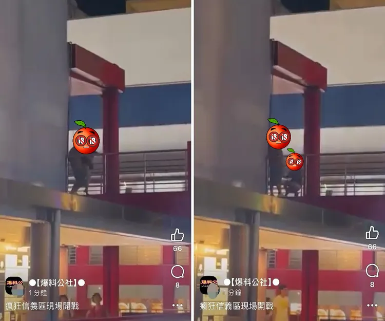 一對男女在北市信義區商圈天橋活春宮。翻攝自「爆料公社」