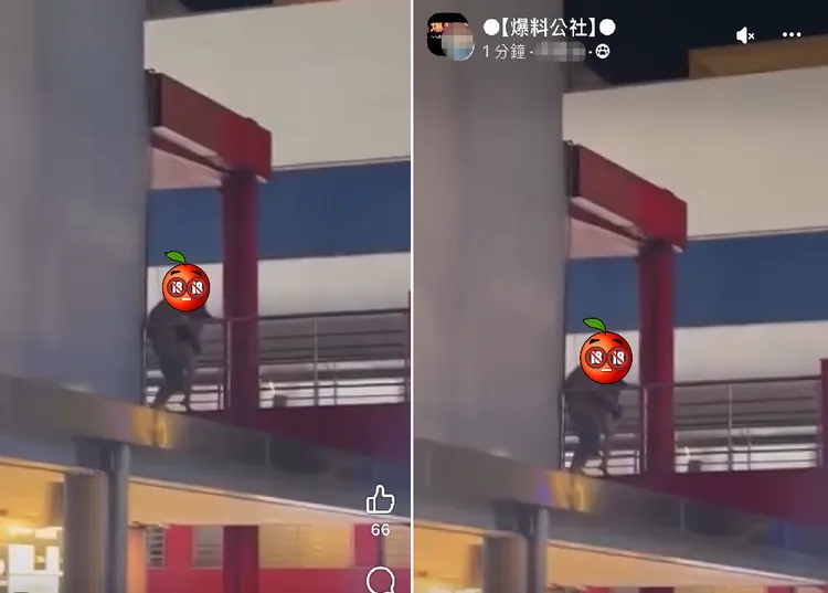 一對男女在北市信義區商圈天橋活春宮。翻攝自「爆料公社」