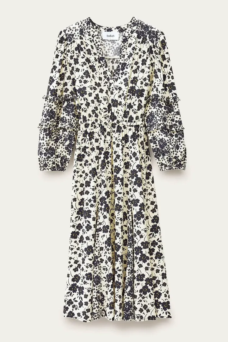 ba&sh黑白塗鴉印花MINARY長洋裝，1萬2820元。品牌提供