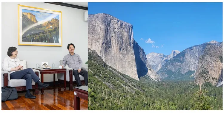 四叉貓貼出優勝美地國家公園的照片以示比對問，賴蔡合照「是不是想暗示台灣背後有美國當靠山？」。翻攝自四叉貓臉書