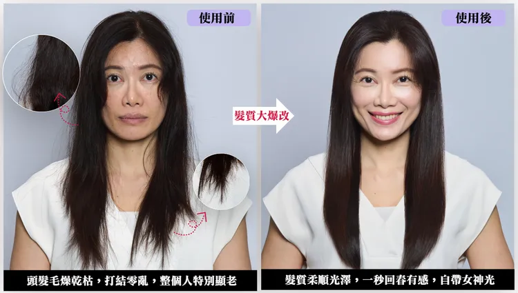 原本頭髮毛燥乾枯，看起來像沒睡醒，使用「LUX玻尿酸瀑布瓶」後，髮絲柔亮讓氣色也跟著好起來。