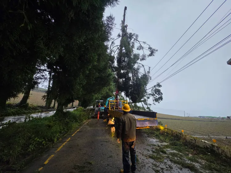 台電持續搶救因中颱楊柳毀損的電力設備。台電提供