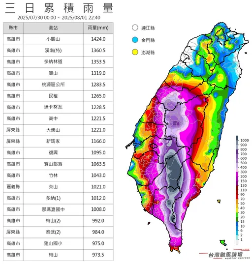 16個測站雨量破千「紫到發黑」 民眾驚呼:第一次看到