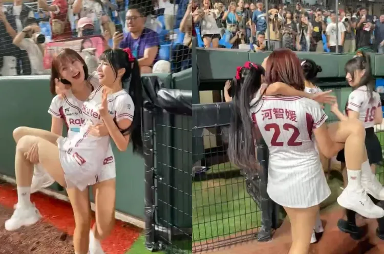 河智媛（後）抱起筠熹。樂天桃猿提供