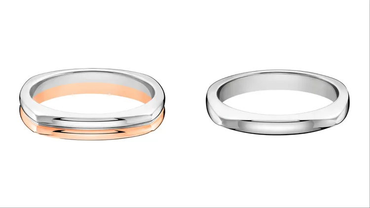Qeelin Tien Di系列鉑金玫瑰金戒指（左）6萬8000元、Tien Di系列鉑金3毫米戒指（右）5萬1000元。品牌提供