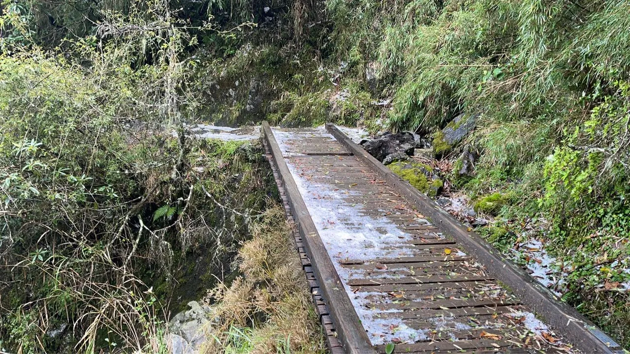 玉山步道部分路段积冰雹达到3至5公分。翻摄自玉山国家公园官方脸书