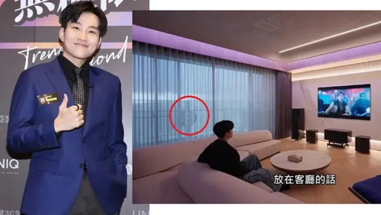 Joeman（左圖）拍介紹三星顯示器的影片，客廳外的疑似logo（紅圈處），無意間讓新家（右圖）地點曝光。左圖資料照片，右圖翻攝Joeman YT