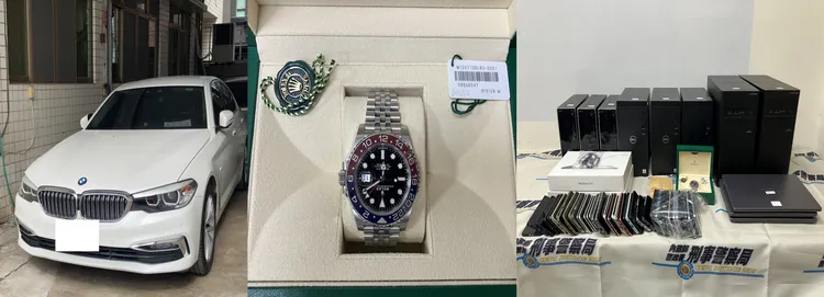 警方日前攻堅查獲的電腦主機、有價證券、銀行帳戶、房產證明、名錶、豪車等贓證物。民眾提供