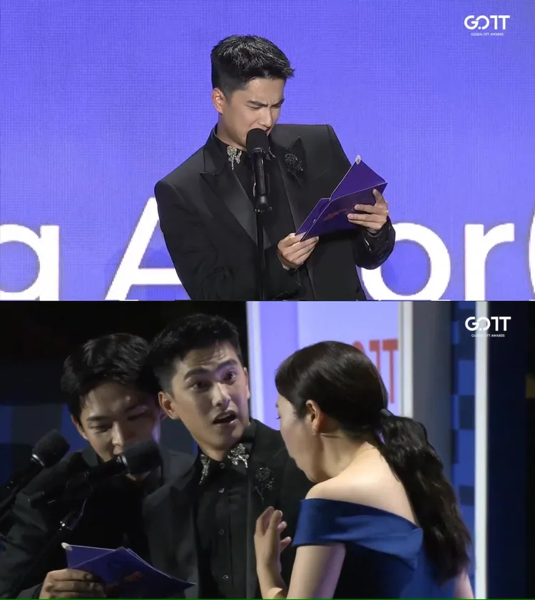 曾敬驊（上圖）頒女配角時，頻頻發出「欸」的聲音，沒想到得主就是旁邊的廉惠蘭。翻攝YouTube