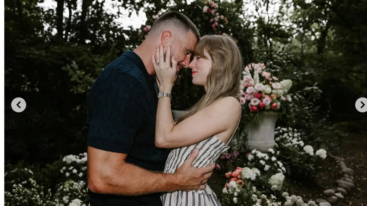 美式足球球星凯尔西(左)与流行天后泰勒丝订婚。翻摄IG/Taylor Swift