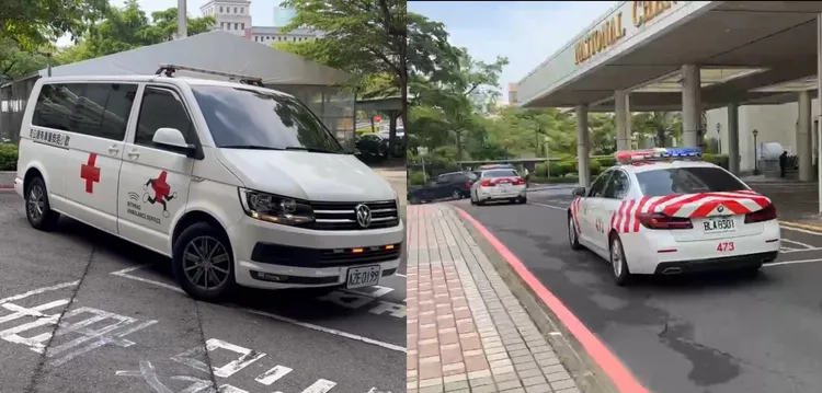 國道四隊派遣2部「紅斑馬」隨行，前後戒護上國道，看到這組人馬請禮讓。讀者提供