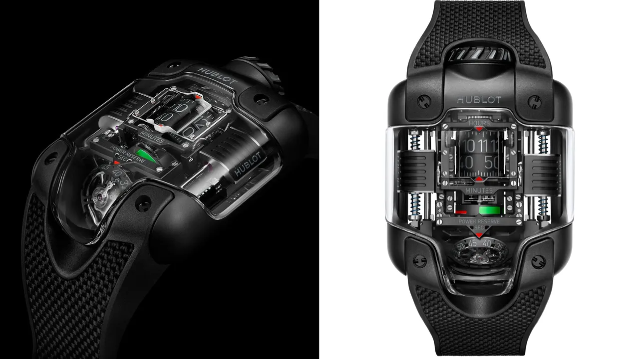 Hublot MP-10 雙垂直上鍊陀飛輪腕錶玄影黑陶瓷,51.4*41.5mm,微噴砂黑色陶瓷錶殼,陽極處理黑色鋁質滾軸錶盤,黑色立體結構橡膠錶帶,HUB9013自動上鍊鏤空機芯,動力儲存48小時,防水深度30米,限量50只,1018萬5000元。品牌提供