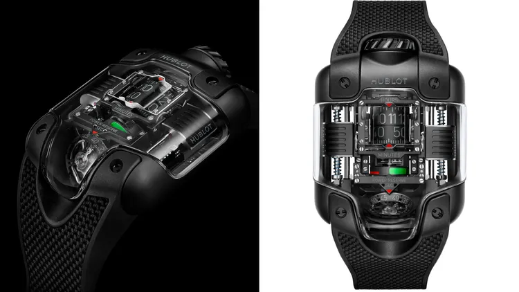 Hublot MP-10 雙垂直上鍊陀飛輪腕錶玄影黑陶瓷，51.4*41.5mm，微噴砂黑色陶瓷錶殼，陽極處理黑色鋁質滾軸錶盤，黑色立體結構橡膠錶帶，HUB9013自動上鍊鏤空機芯，動力儲存48小時，防水深度30米，限量50只，1018萬5000元。品牌提供
