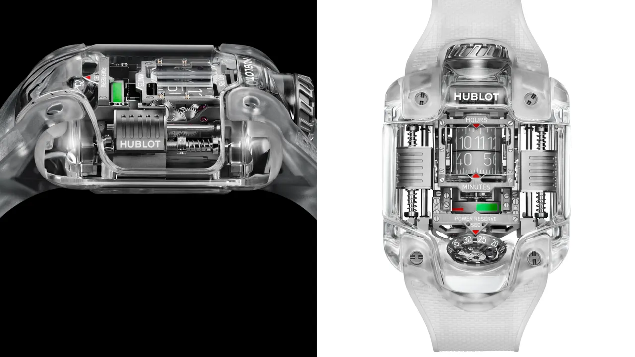 Hublot MP-10 雙垂直上鍊陀飛輪腕錶無瑕藍寶石款,51.4*41.5mm,拋光藍寶石水晶錶殼,陽極處理灰色鋁質滾軸錶盤,透明結構橡膠錶帶,HUB9013自動上鍊鏤空機芯,動力儲存48小時,防水深度30米,限量30只,1358萬元。品牌提供