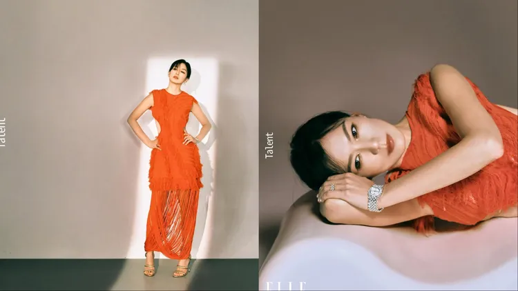 橘色流蘇洋裝的造型中，腰部兩側以鏤空設計展現林熙蕾緊實腰線。翻攝elletaiwan IG
