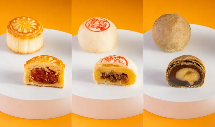 口味由左至右，依序為柚香番茄酥、伊比利豬綠豆椪及紅玉香草流心月餅。業者提供