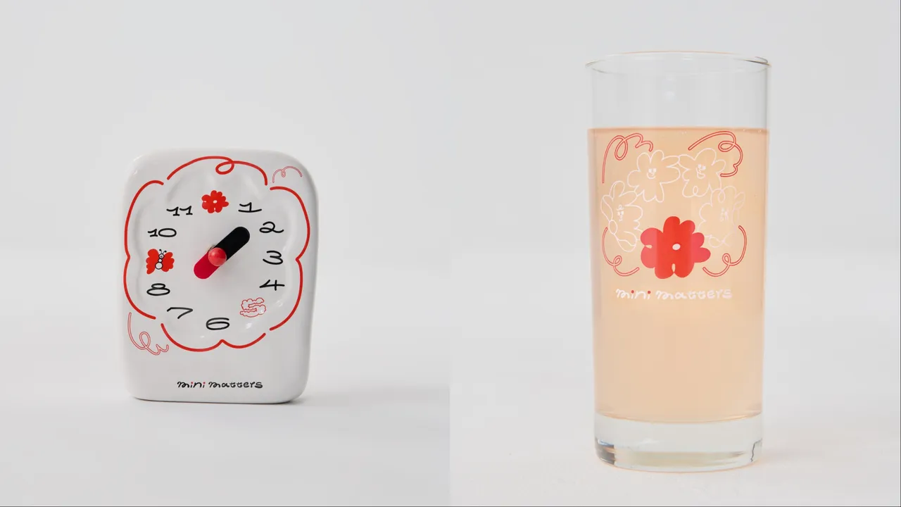 mini matters花time is it陶瓷時鐘(左)1580元、仲夏花花玻璃杯(右)450元。品牌提供