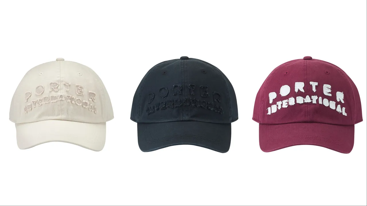 PORTER INTERNATIONAL压缝棒球帽以水洗处理营造出虚边效果,各1450元。品牌提供