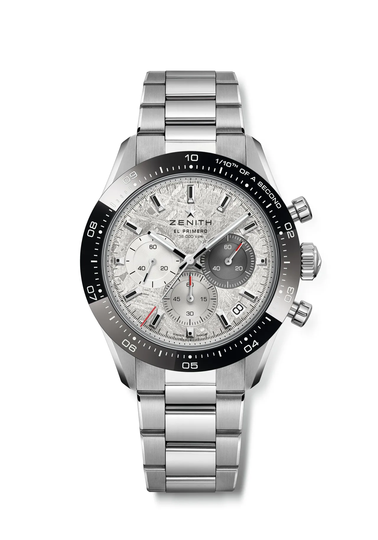 ZENITH CHRONOMASTER Sport 计时大师陨石款,41mm,精钢表壳,陨石表盘,精钢表炼(附黑色橡胶表带),El Primero 3600自动上链机芯,动力储存60小时,防水100米,61万5100元。品牌提供