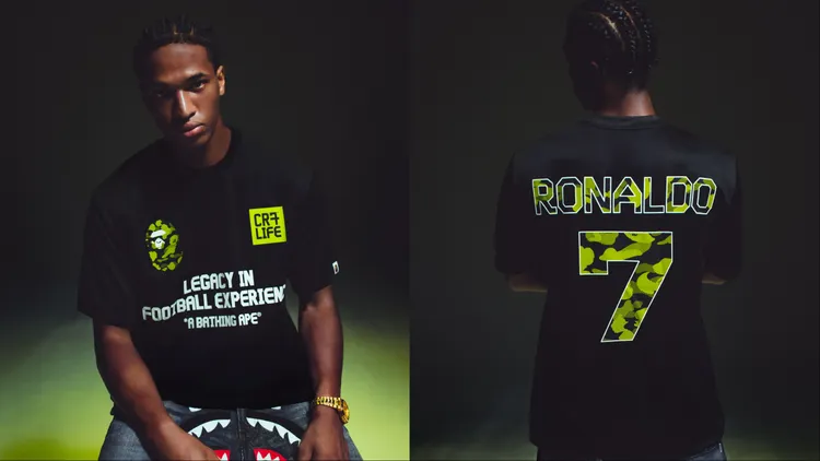 另一款設計正面印有APE HEAD與CR7® LIFE標誌，背面以大寫「RONALDO 7」字樣致敬C羅的經典球衣號碼。品牌提供
