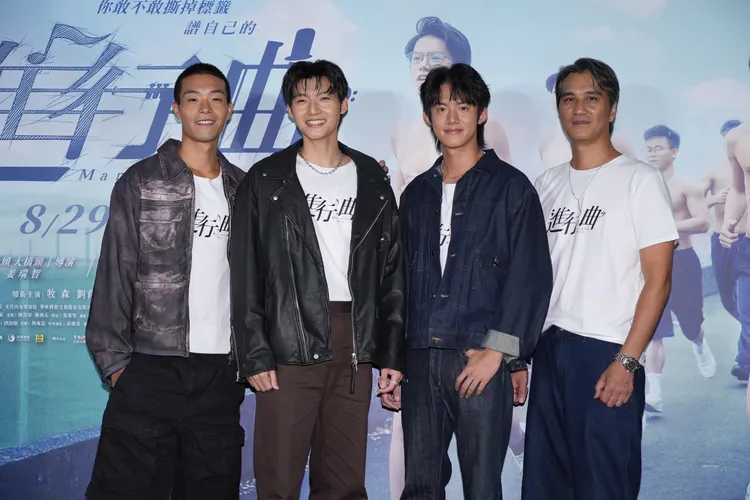 牧森（左起）、劉育仁和余杰恩在電影《進行曲》展現新人韌性，讓馬志翔讚譽有加。娛樂中心攝