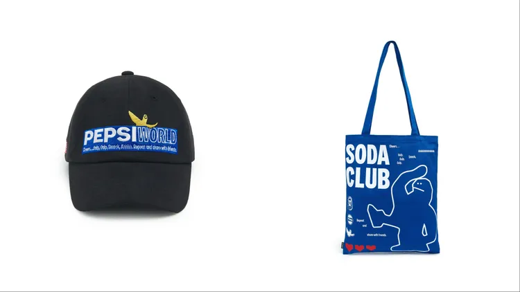 Mark Gonzales X Pepsi World 棒球帽（左）1880元、Mark Gonzales X Pepsi Soda Club托特包（右）1480元。品牌提供