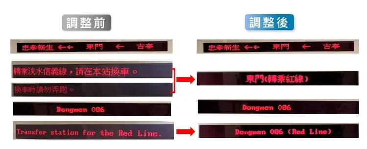 中和新蘆線試辦精簡版列車到站顯示內容。台北捷運公司提供