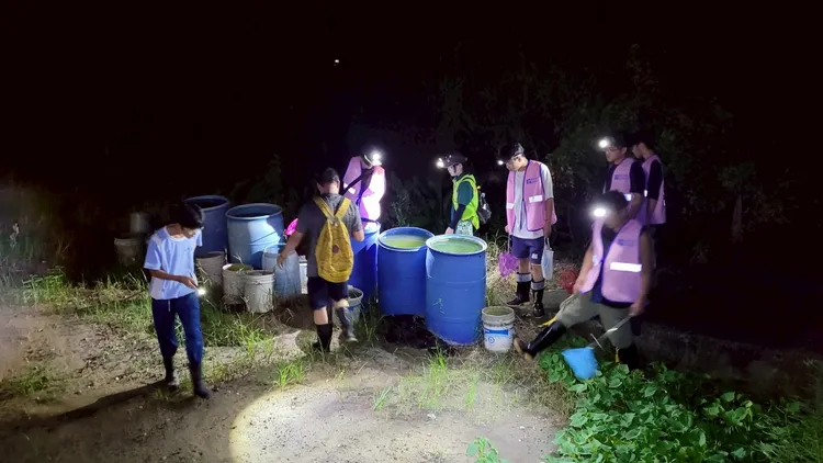 南投市營南社區守望相助隊志工，及大埤社區在地居民，組成第一批11位成員的「社區亞洲錦蛙移除小隊」。南投縣政府提供