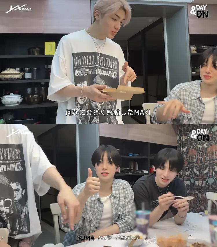 MAKI（上圖左）被甜點鬆餅驚艷，用中文讚嘆「這個真的好吃」，FUMA（下圖中）也認同比出大拇指。翻攝YouTube