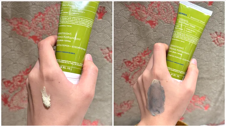 聖托里尼葡萄超抗氧活膚面膜中擁有活性碳膠囊，抹開後會變為黑色。張家玲攝