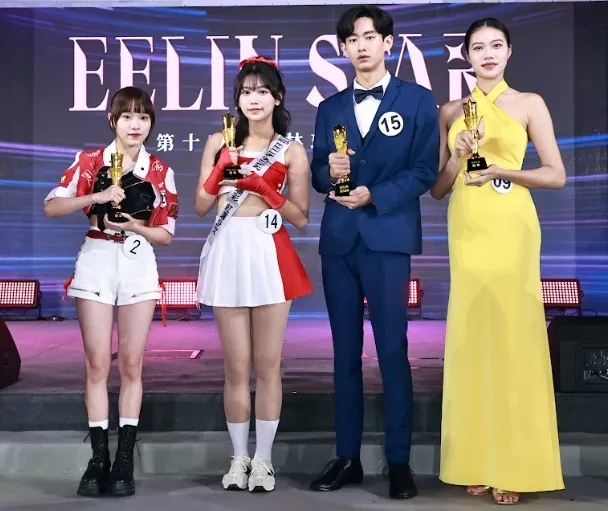 演藝組冠軍林潔旻(左起)、紅運少女冠軍張靖妤、男模組冠軍饒語書、女模冠軍曹文綺。伊林娛樂提供