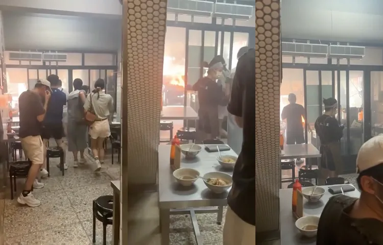 阿三肉圓疑似油炸鍋起火,用餐民眾嚇逃。翻攝畫面