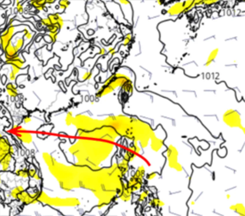 歐洲模式(ECMWF)模擬顯示,27日起「熱帶擾動」在南海逐漸發展成颱,偏西進行,未來動向類似「劍魚」。圖擷自tropical.tidbits