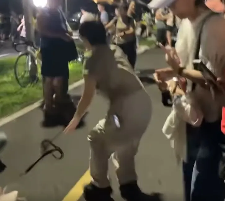 吳女(圖中)一把抓扯盧女的長髮，並將其用力往後甩，害她在地上翻滾跌倒，手中還有數把頭髮。翻攝畫面