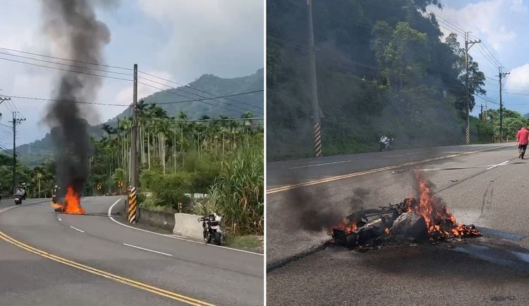 苗栗台3線重機過彎打滑自摔　衝對向燒成廢鐵！騎士逃一劫