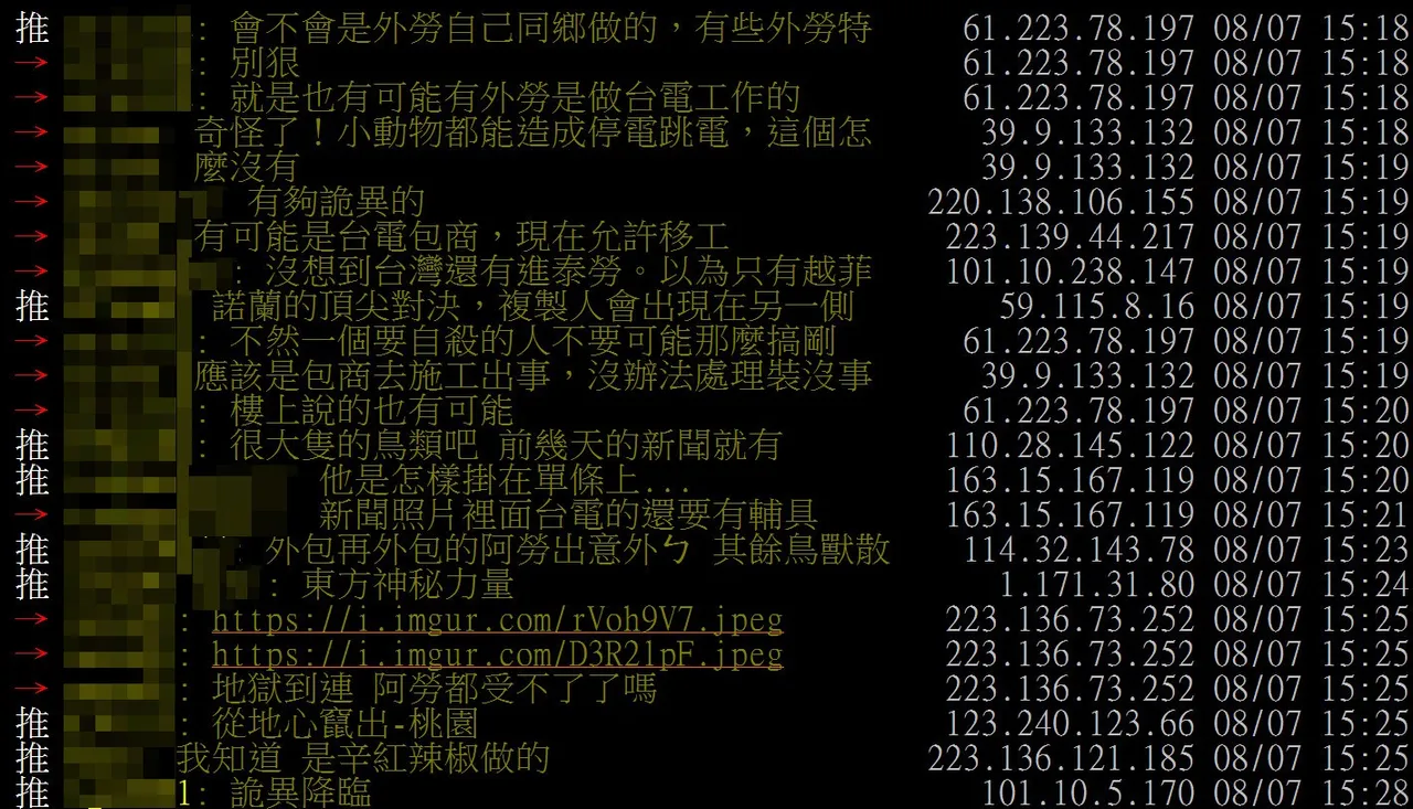 泰籍劳工高挂60尺高空电缆线上死亡引发网路热议。翻摄《台大批踢踢》实业坊