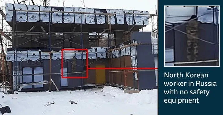 觀測北韓情報的每日北韓網站，曾揭露北韓建築工人在俄羅斯工作的情形，工人身上沒有任何安全裝備。翻攝Daily NK網站