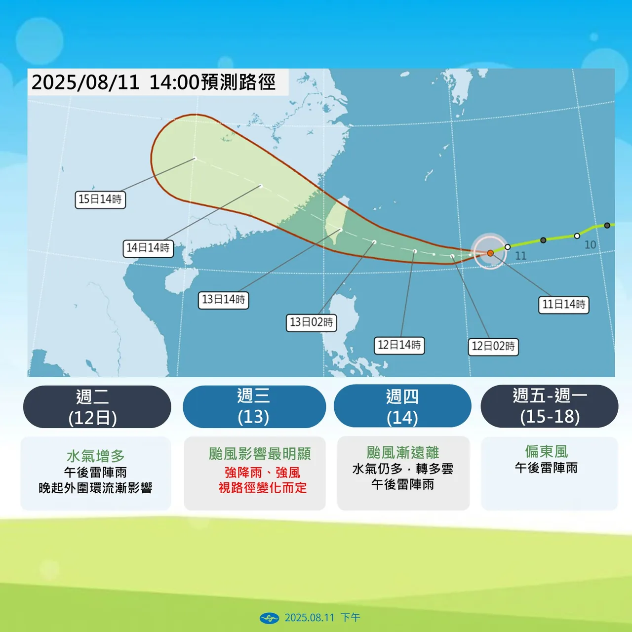 今年第11号轻度台风「杨柳」预测路径。中央气象署提供
