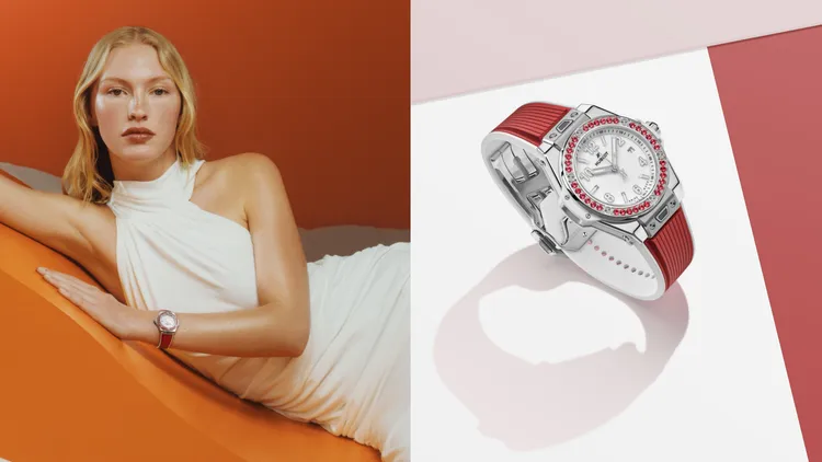 Hublot Big Bang One Click悅彩特調系列，33mm，緞面拋光精鋼錶殼，錶圈鑲嵌 36顆紅色尖晶石，亮白錶盤，橡膠錶帶，MHUB1120自動上鍊機芯，動力儲存約40小時，防水深度100米，43萬8000元。品牌提供